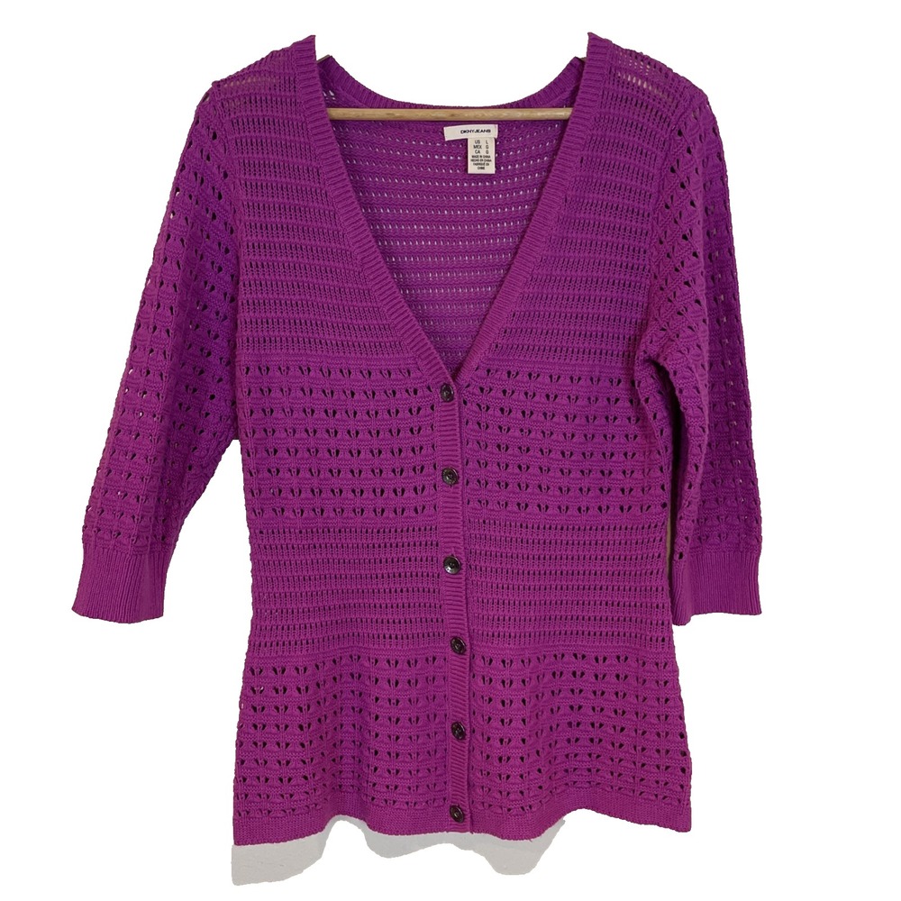 DKNY Woman's Open Knit Sweater Size Large Pink 3/4‎ Sleeve versatile Casual